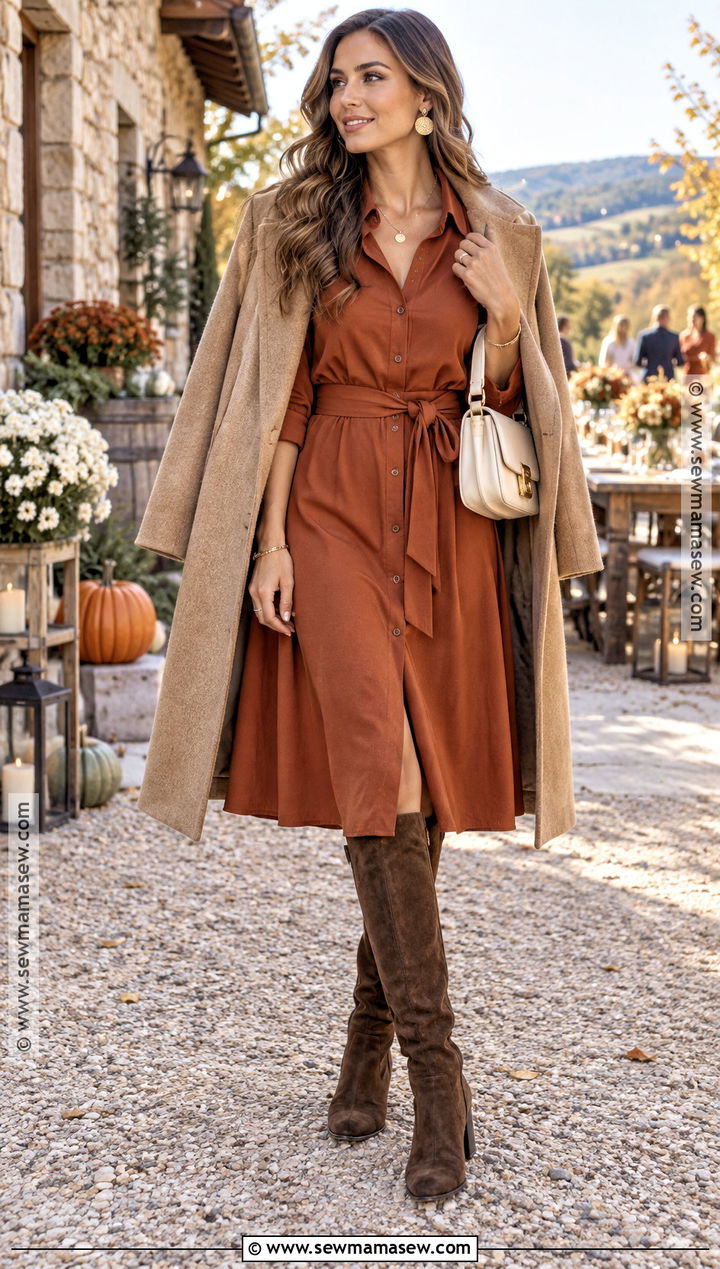 Rust Midi Dress And Suede Boots Outfit - 20 Party Autumn Outfit Ideas