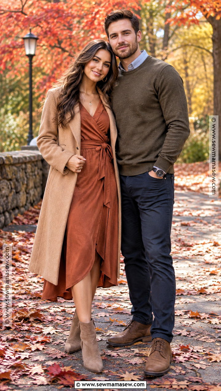 Rust Midi Dress Fall Engagement Photo Outfit - 15 engagement photo outfit ideas fall