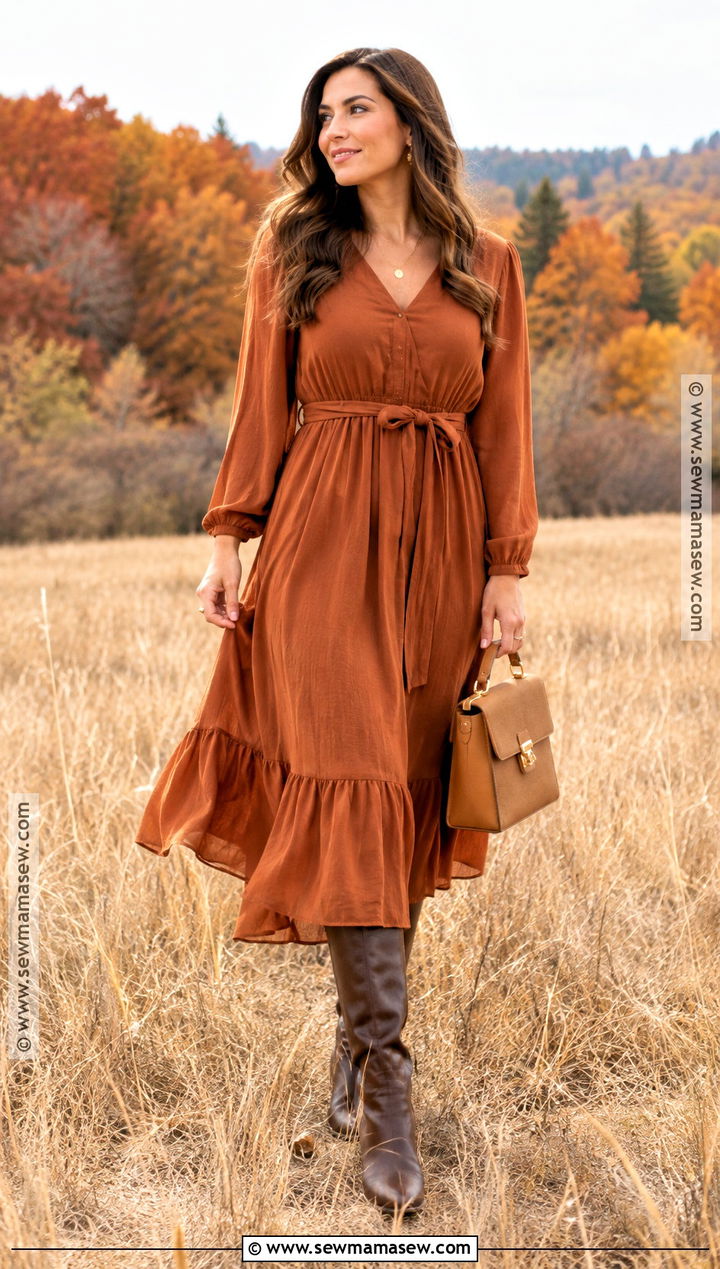 Rust Midi Dress Fall Photoshoot Outfit - 25 Fall Photoshoot Outfits