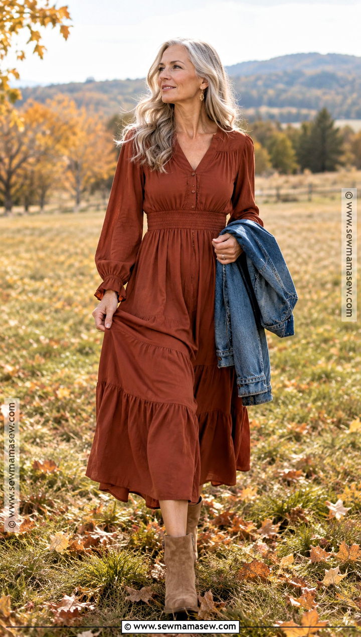 Rust Midi Dress Fall Senior Picture Outfit - 20 Fall Senior Picture Ideas Outfits