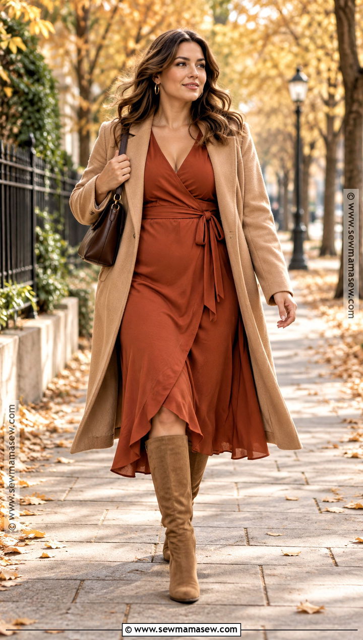 Rust Midi Dress With Tan Boots - 15 autumn colour palette clothes outfit