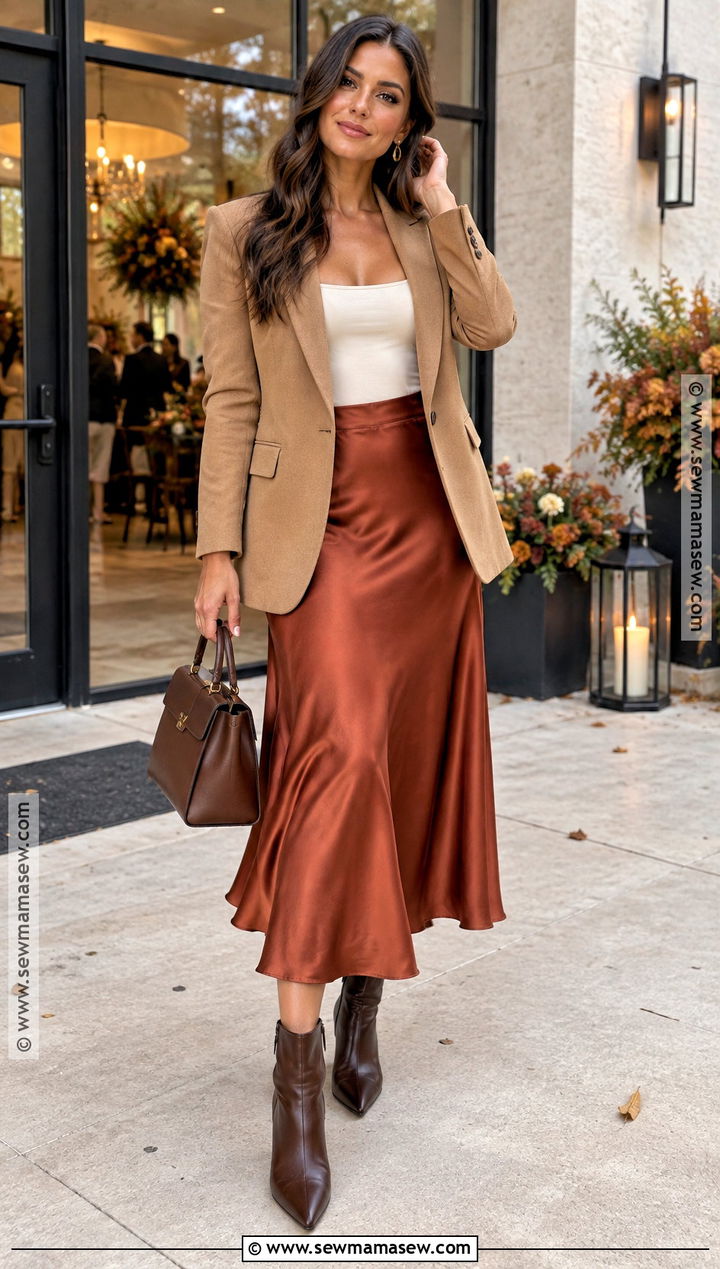 Rust Midi Skirt And Blazer Fall Wedding Guest Outfit - 20 fall wedding guest outfit casual ideas