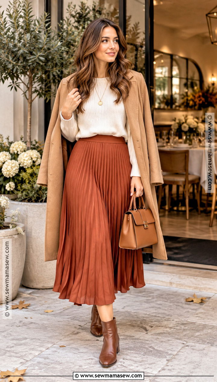 Rust Midi Skirt And Cream Sweater Bridal Shower Outfit - 20 fall bridal shower outfit for guest casual ideas