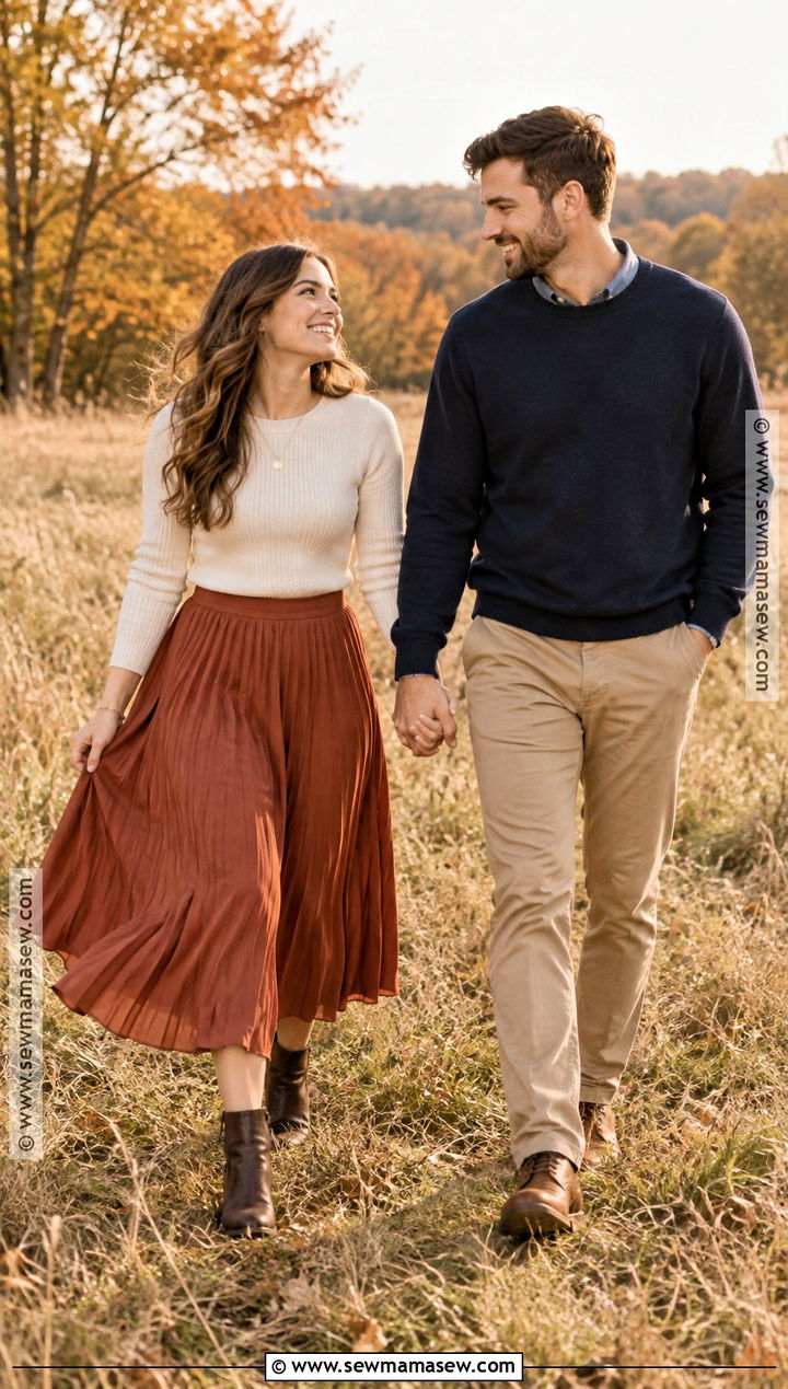 Rust Midi Skirt And Cream Sweater Engagement Outfit - 20 engagement photos fall outfit ideas