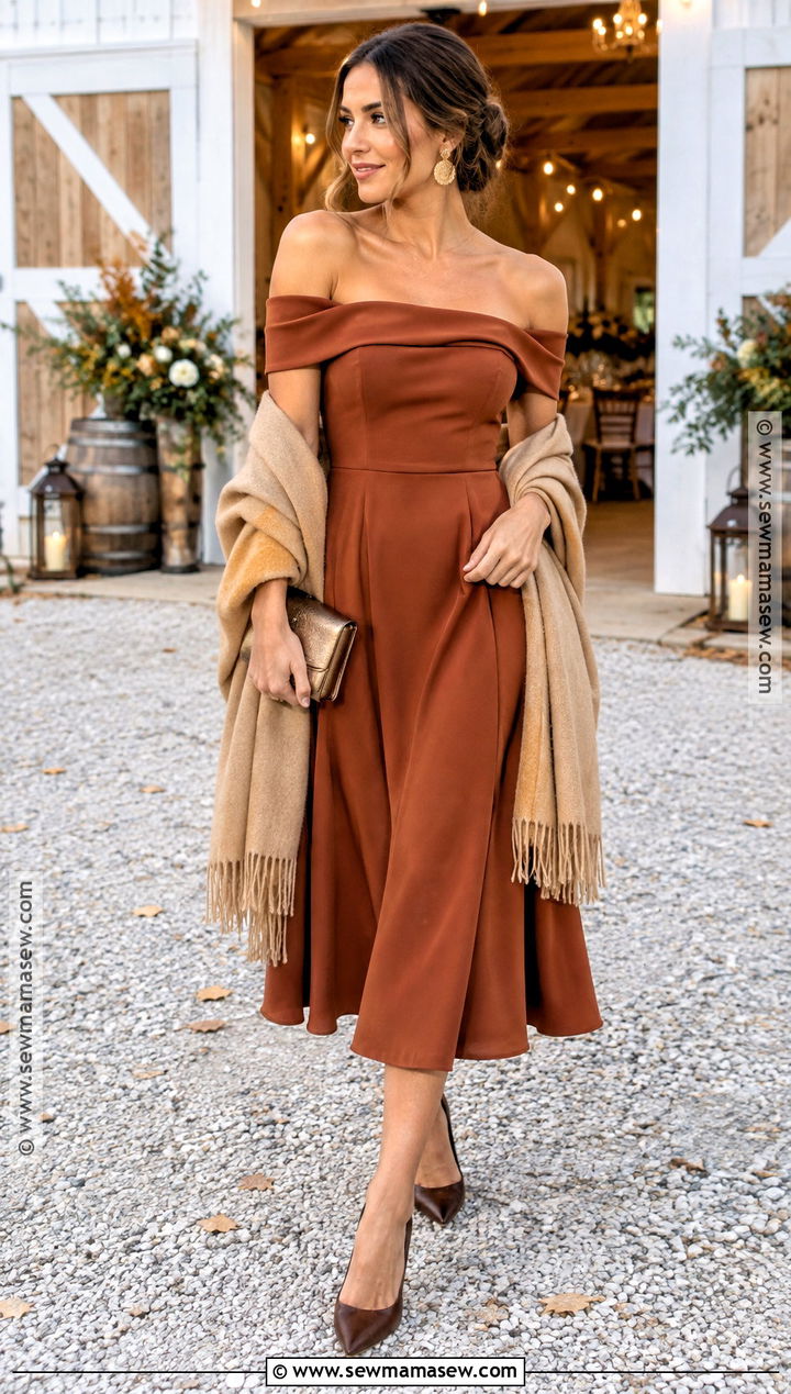 Rust Off Shoulder Crepe Dress - 15 fall dresses for wedding guests