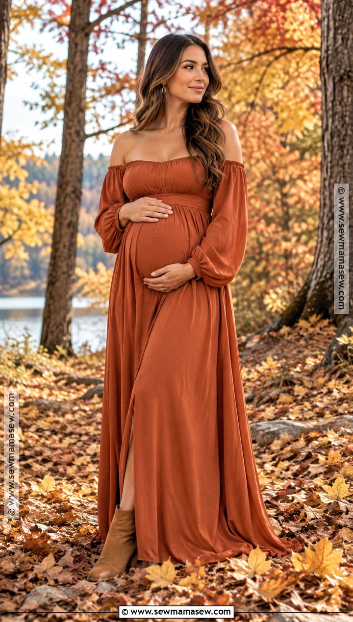Rust Off Shoulder Fall Maternity Dress - 15 fall maternity dresses for photoshoot