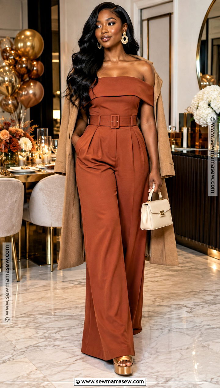 Rust Off Shoulder Jumpsuit Fall Birthday Outfit - 25 fall birthday outfits for black women