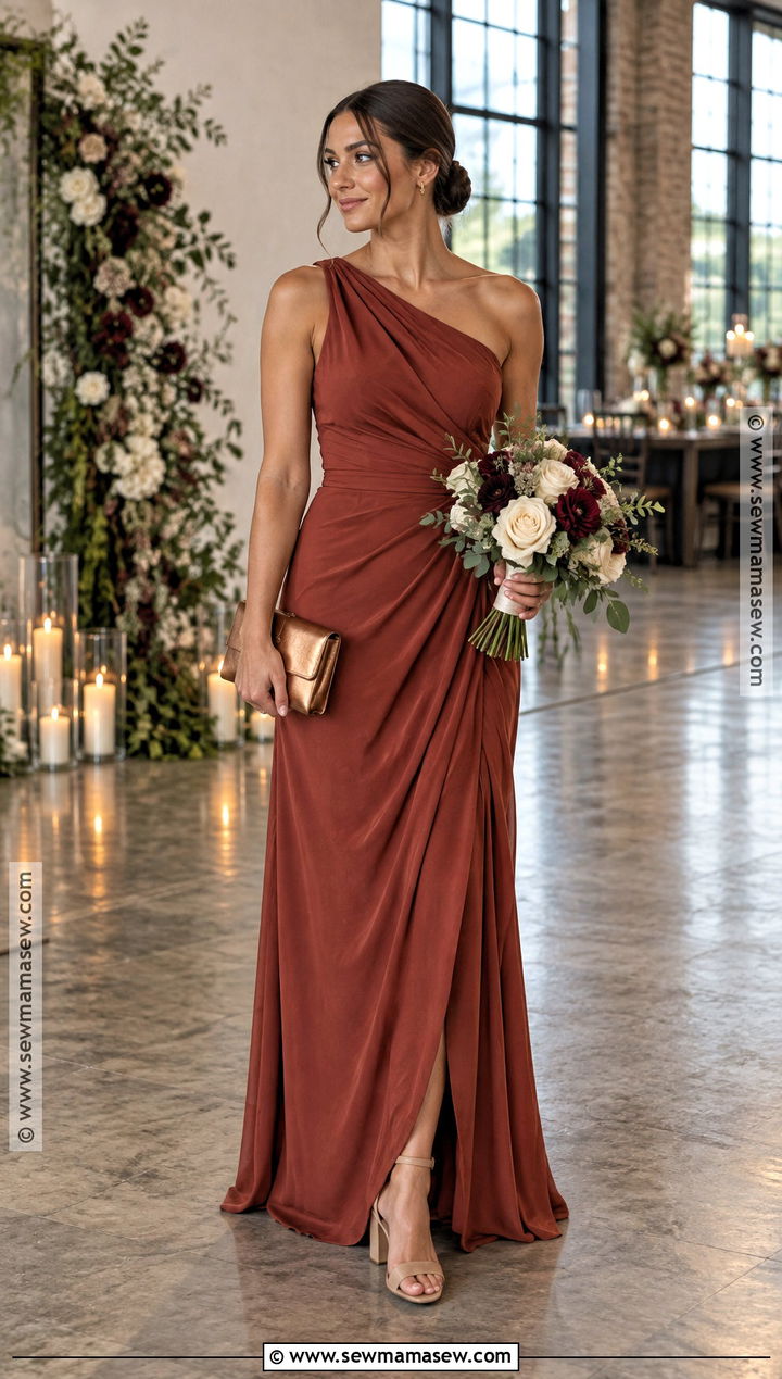 Rust One Shoulder Bridesmaid Dress - 15 Fall Tone Bridesmaid Dresses