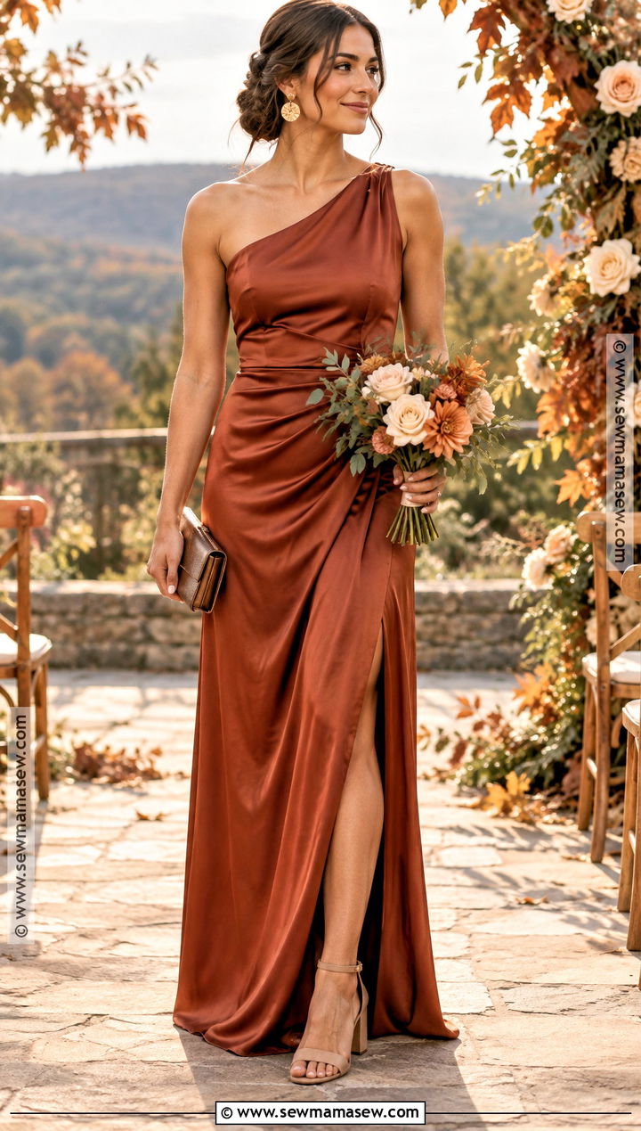 Rust One Shoulder Bridesmaid Dress - 20 bridesmaid dresses fall wedding