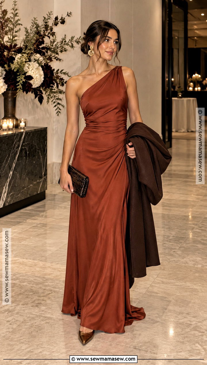 Rust One Shoulder Gown Fall Formal Outfit - 20 fall outfits formal