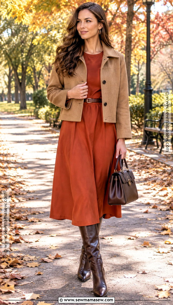 Rust Orange Dress and Brown Boots Outfit - 15 fashion colors fall ideas 2026