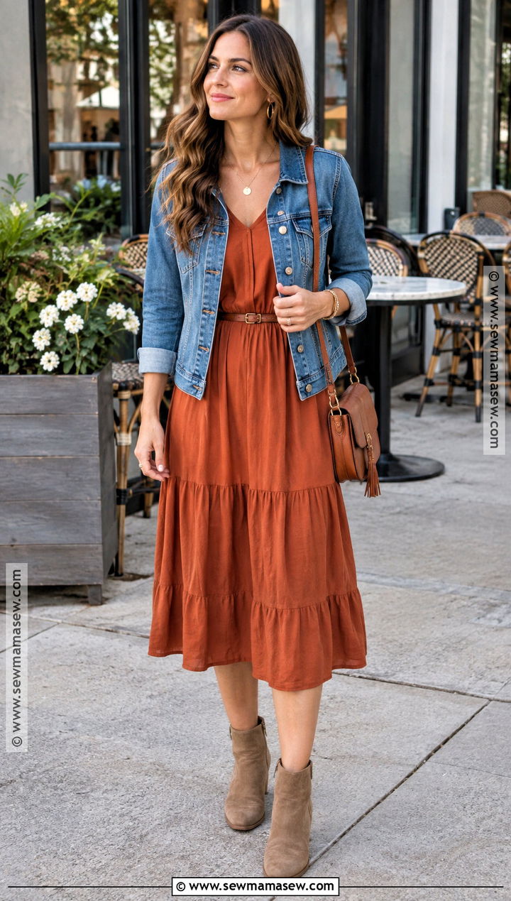 Rust Orange Midi Dress With Denim Jacket - 15 Fall Fashion Orange Dress Ideas