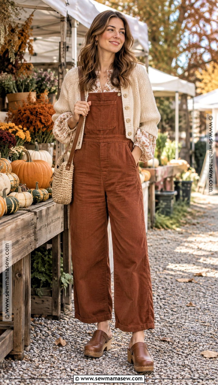 Rust Overalls With Floral Blouse And Clogs - 15 Cute Fall Outfits Overalls