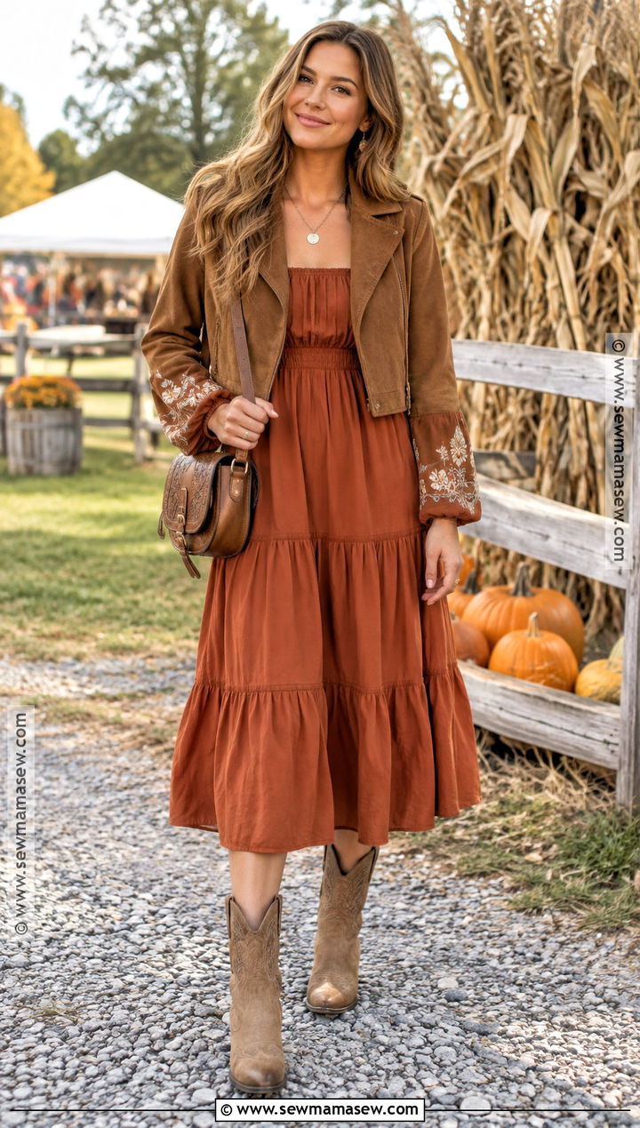 Rust Peasant Dress With Western Boots - 15 Boho Fall Dress Ideas