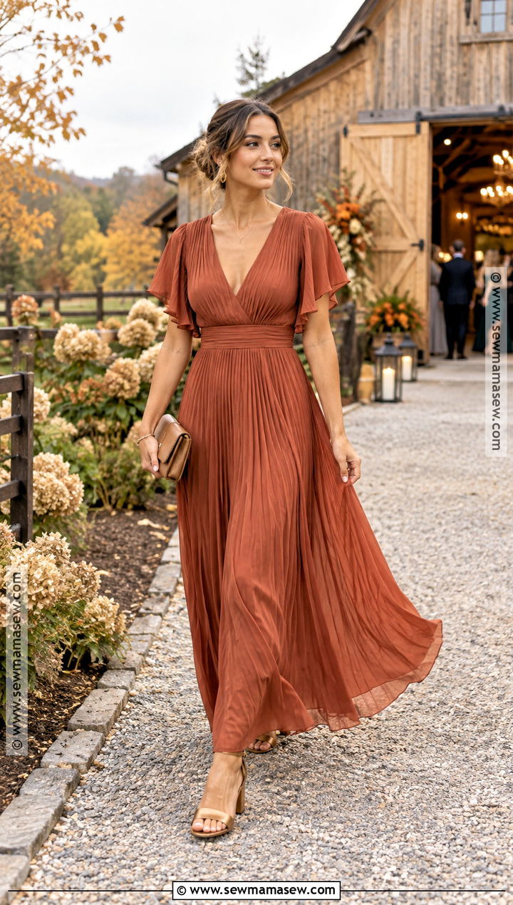 Rust Pleated Chiffon Maxi Dress - 15 Wedding Guest Maxi Dress Fall Ideas