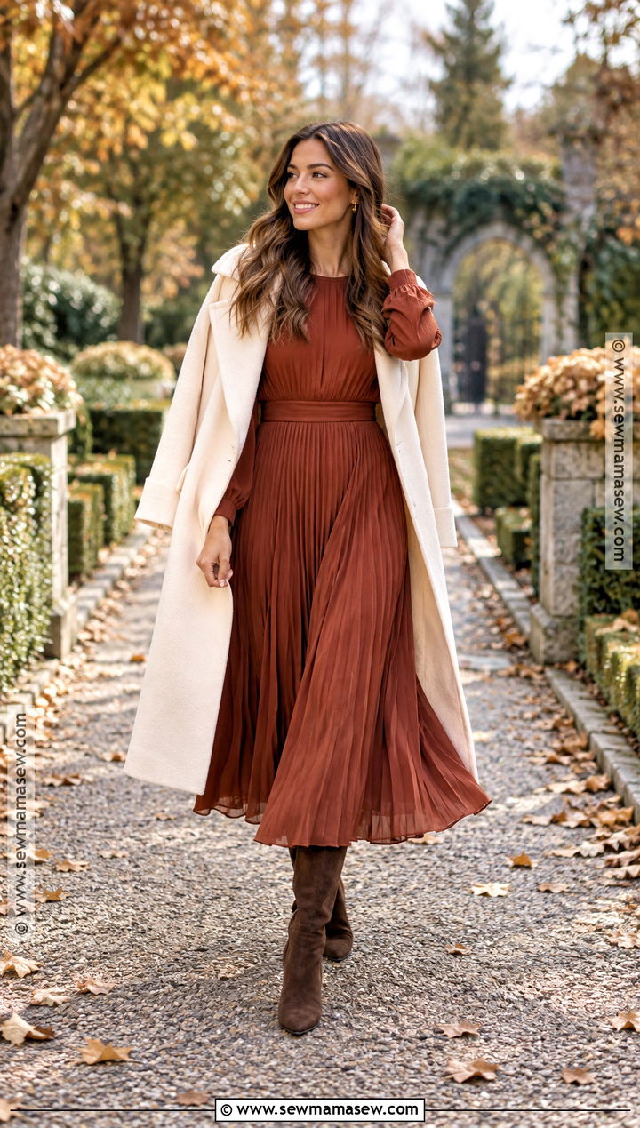 Rust Pleated Dress Fall Engagement Outfit - 20 fall engagement outfit ideas