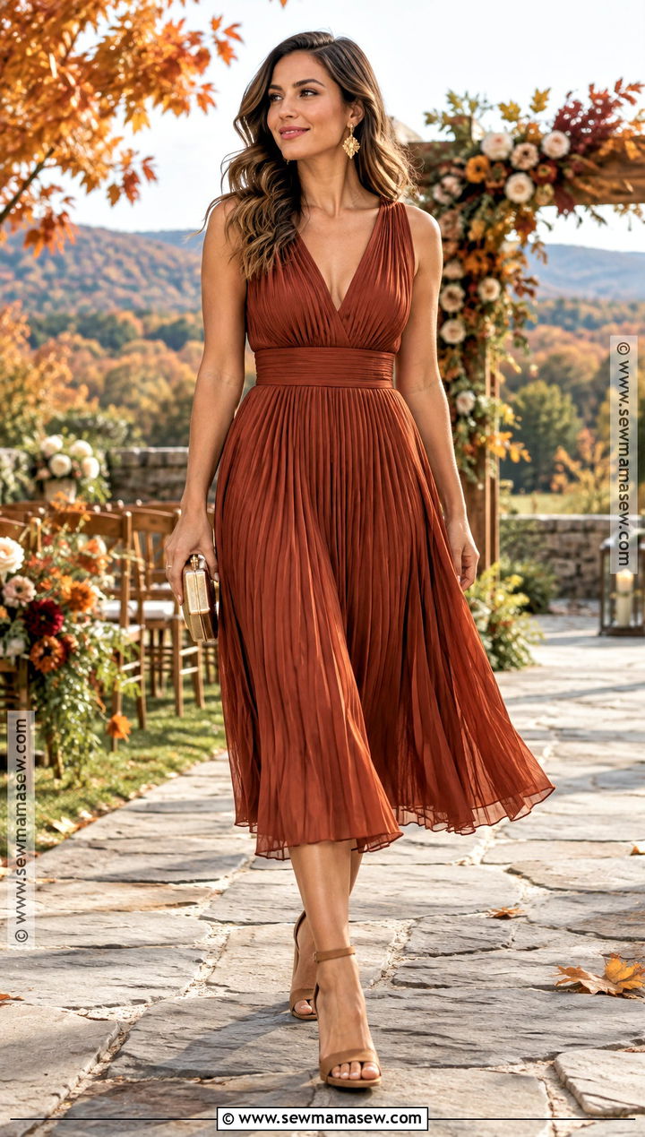 Rust Pleated Fall Wedding Guest Dress - 25 fall dresses to wear to a wedding