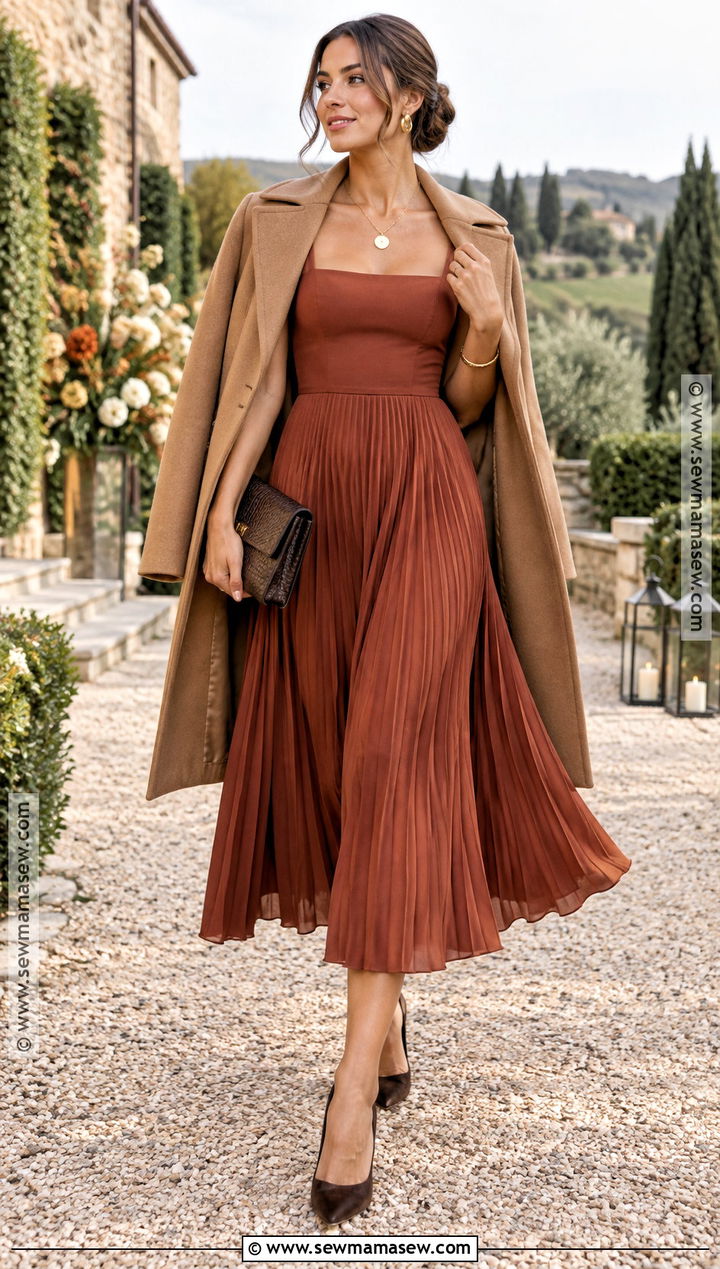 Rust Pleated Fall Wedding Guest Dress - 25 wedding guest outfit fall ideas