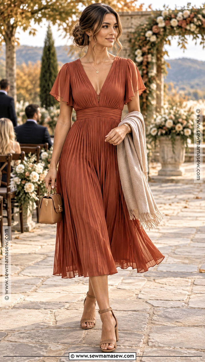 Rust Pleated Fall Wedding Guest Dress - 15 2026 fall wedding guest dresses