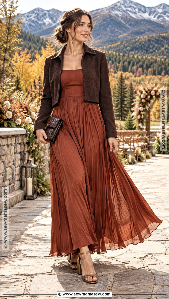 Rust Pleated Maxi Dress For October Wedding - 15 october wedding party attire ideas