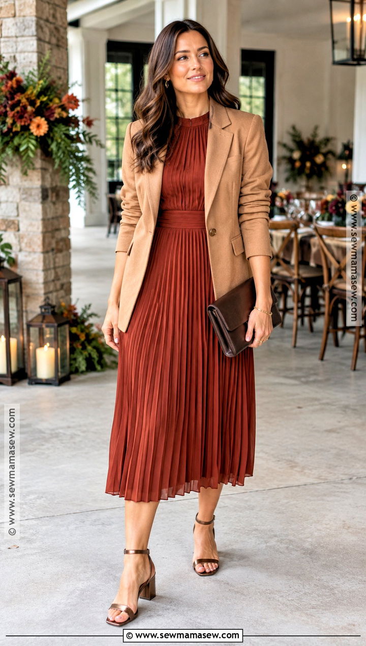 Rust Pleated Midi Dress And Blazer Outfit - 15 Fall Wedding Outfits For Women Guest