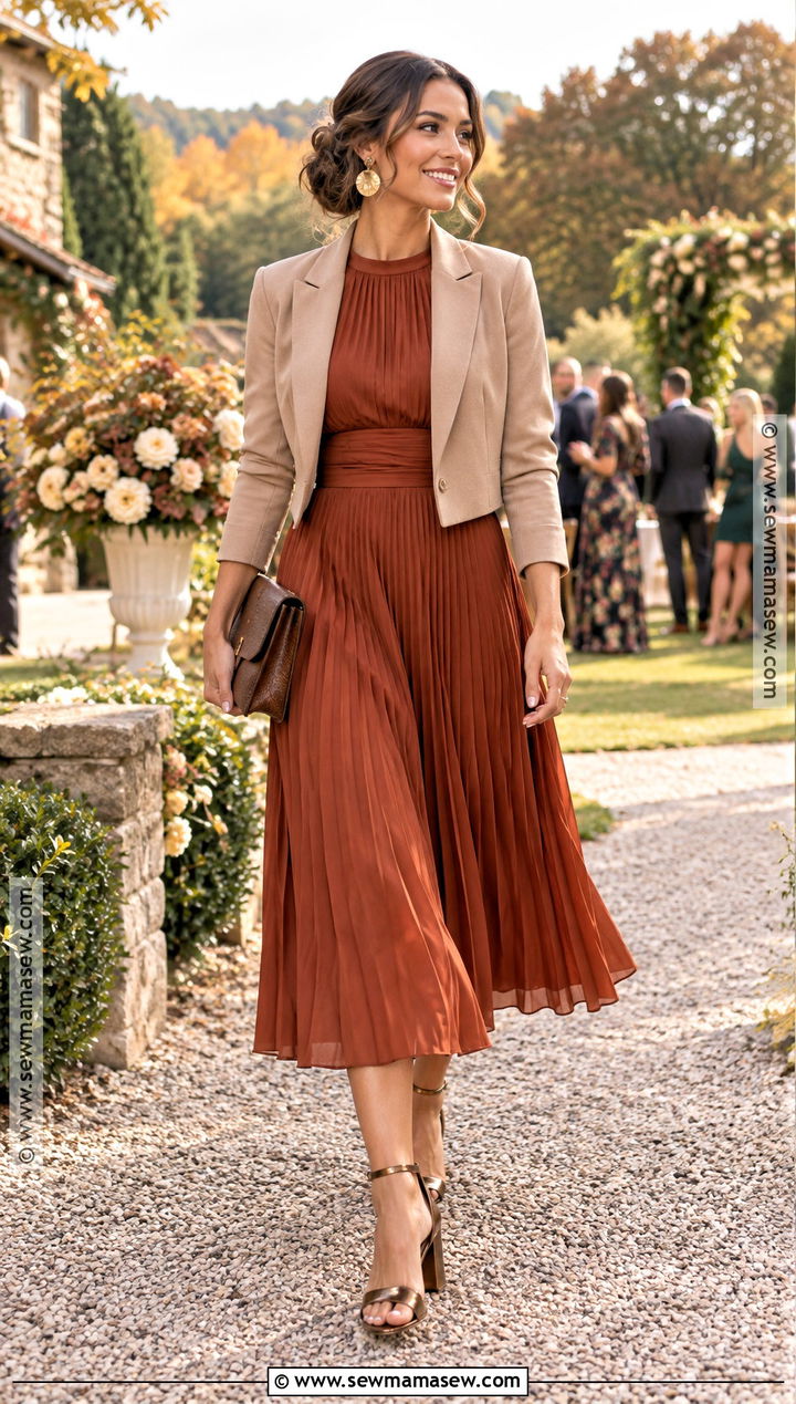 Rust Pleated Midi Dress Fall Wedding Guest Outfit - 15 Wedding Outfit Fall Guest Ideas