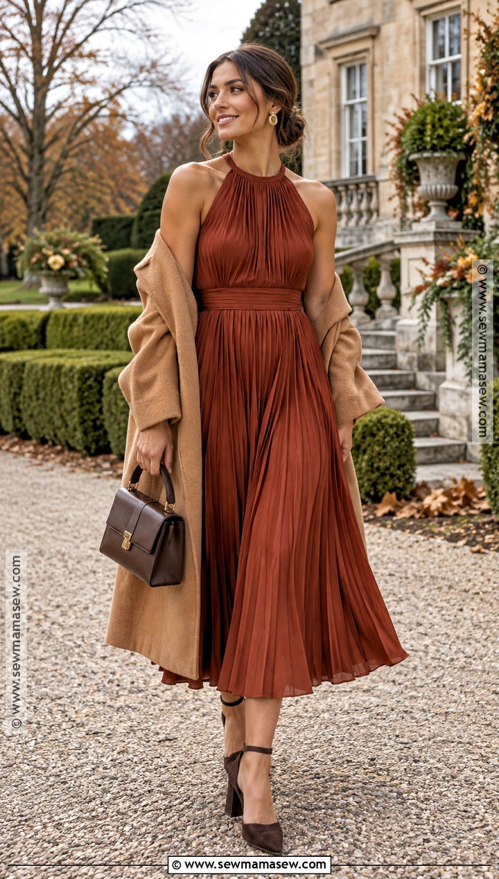 Rust Pleated Midi Dress Outfit - 15 november wedding party attire ideas