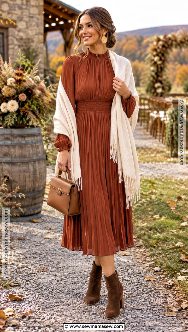 Rust Pleated Midi Dress With Chocolate Boots - 20 Fall Wedding Guest Dress With Boots