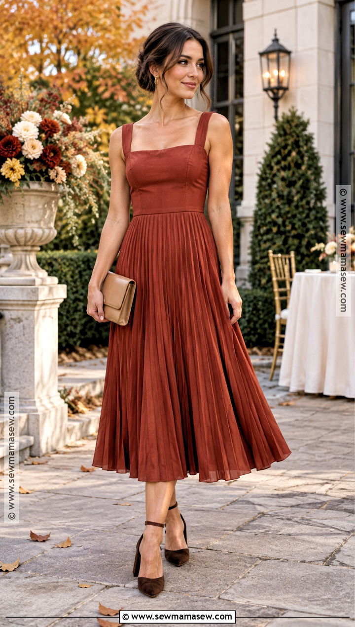 Rust Pleated Midi Fall Wedding Guest Outfit - 25 semi formal fall wedding guest attire ideas