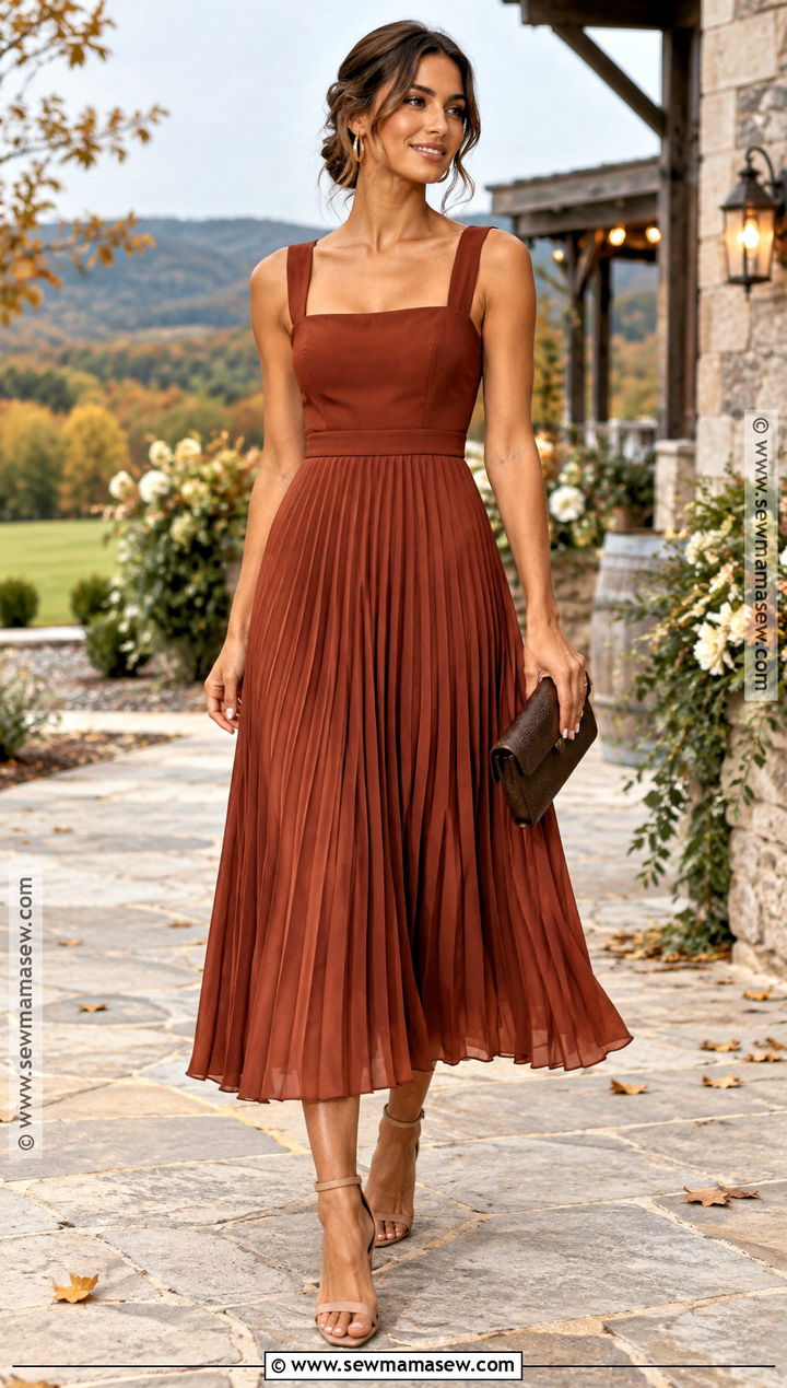 Rust Pleated Midi Wedding Guest Dress With Tan Heels - 15 best wedding guest dresses fall
