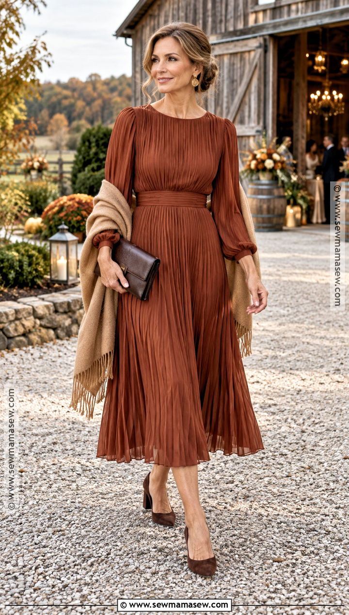 Rust Pleated Mother of the Groom Dress With Brown Heels - 20 mother of the groom dresses for fall outdoor