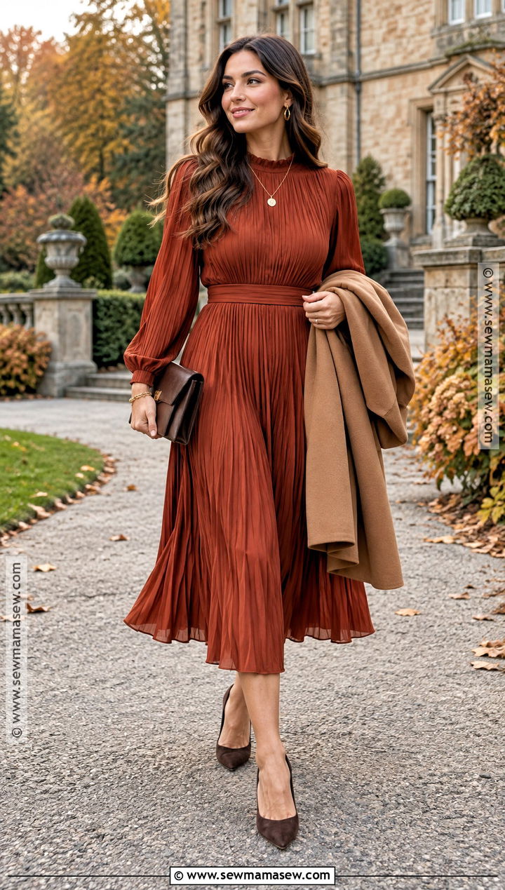 Rust Pleated November Wedding Outfit - 15 November Wedding Outfits