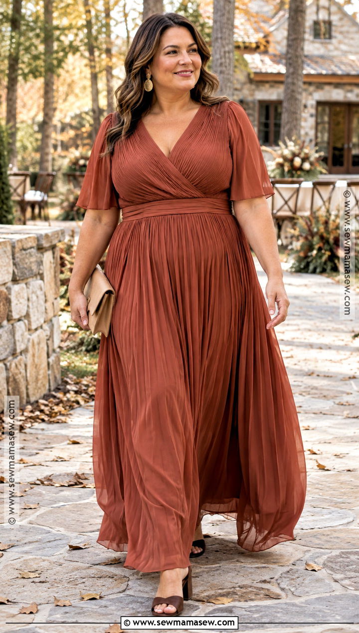 Rust Pleated Plus Size Mother of the Bride Dress - 20 mother of the bride dresses plus size fall