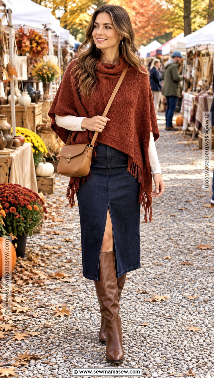 Rust Poncho With Denim Skirt - 20 fall poncho outfits