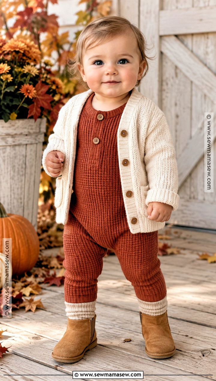 Rust Romper And Cream Cardigan Fall Baby Outfit - 20 fall baby outfits