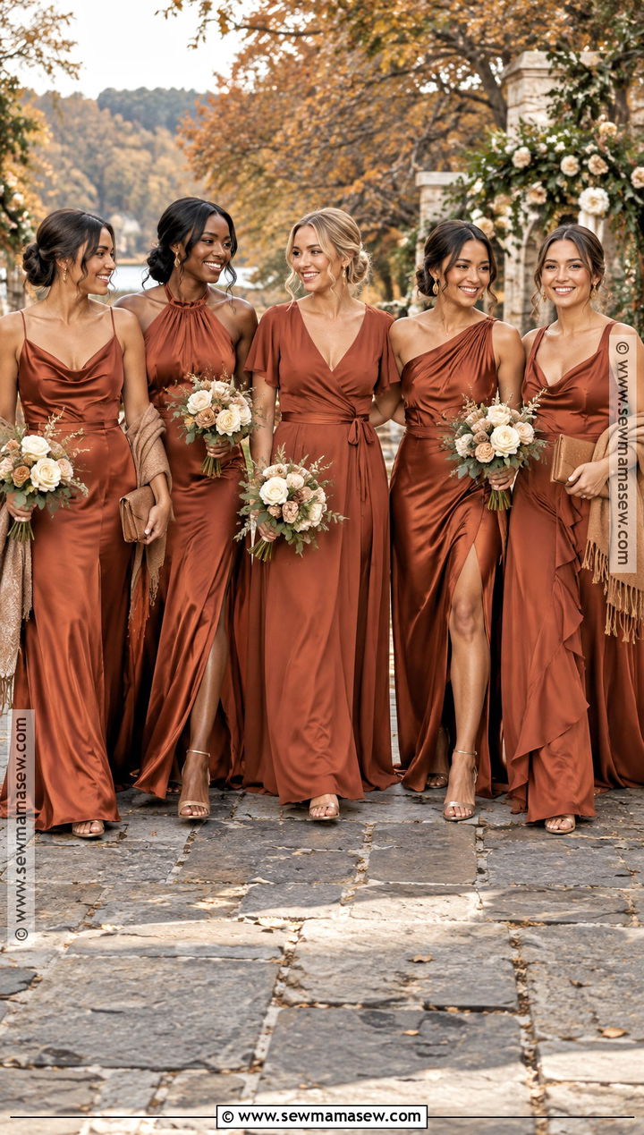 Rust Satin And Chiffon Mismatched Bridesmaid Dresses - 20 mismatch bridesmaid dresses fall