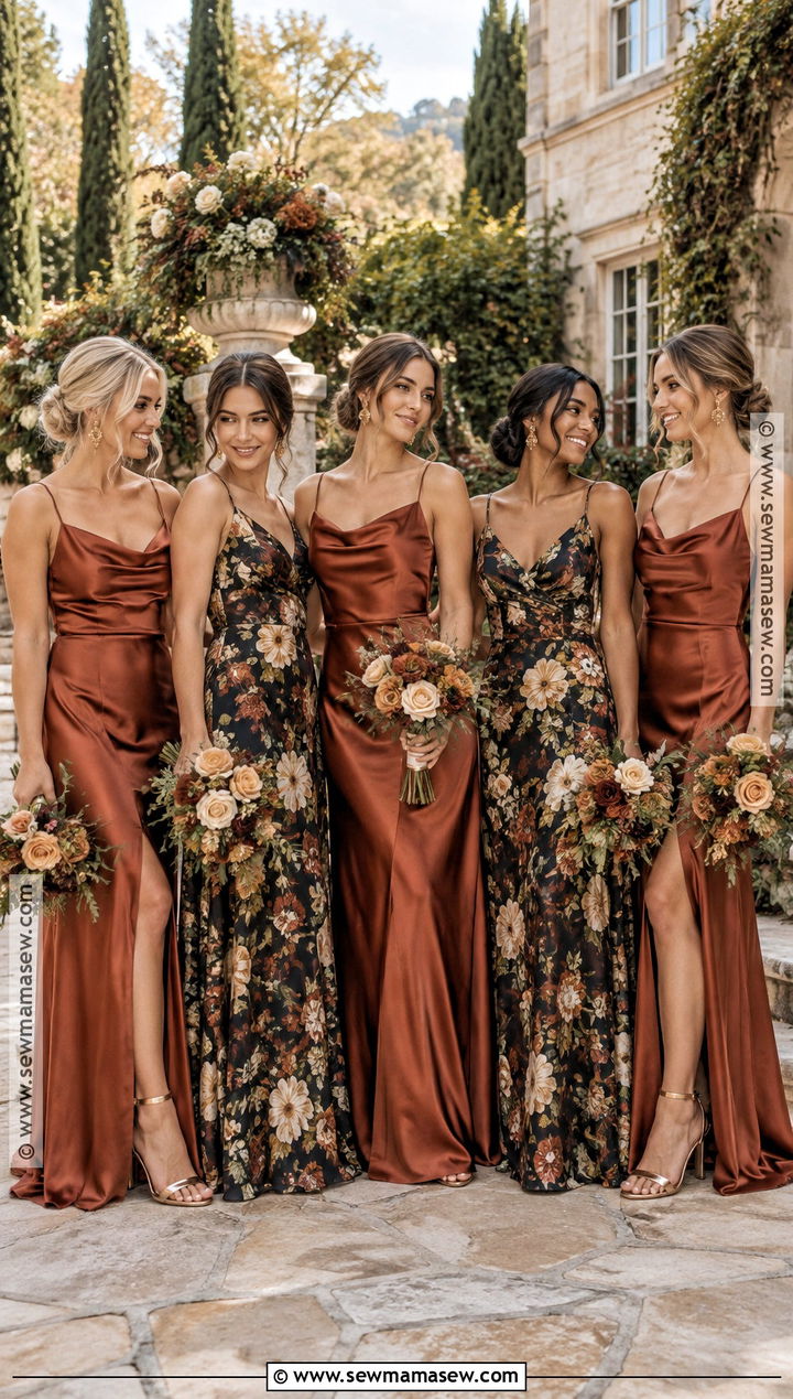 Rust Satin And Floral Bridesmaid Dresses - 25 mixed bridesmaid dresses fall