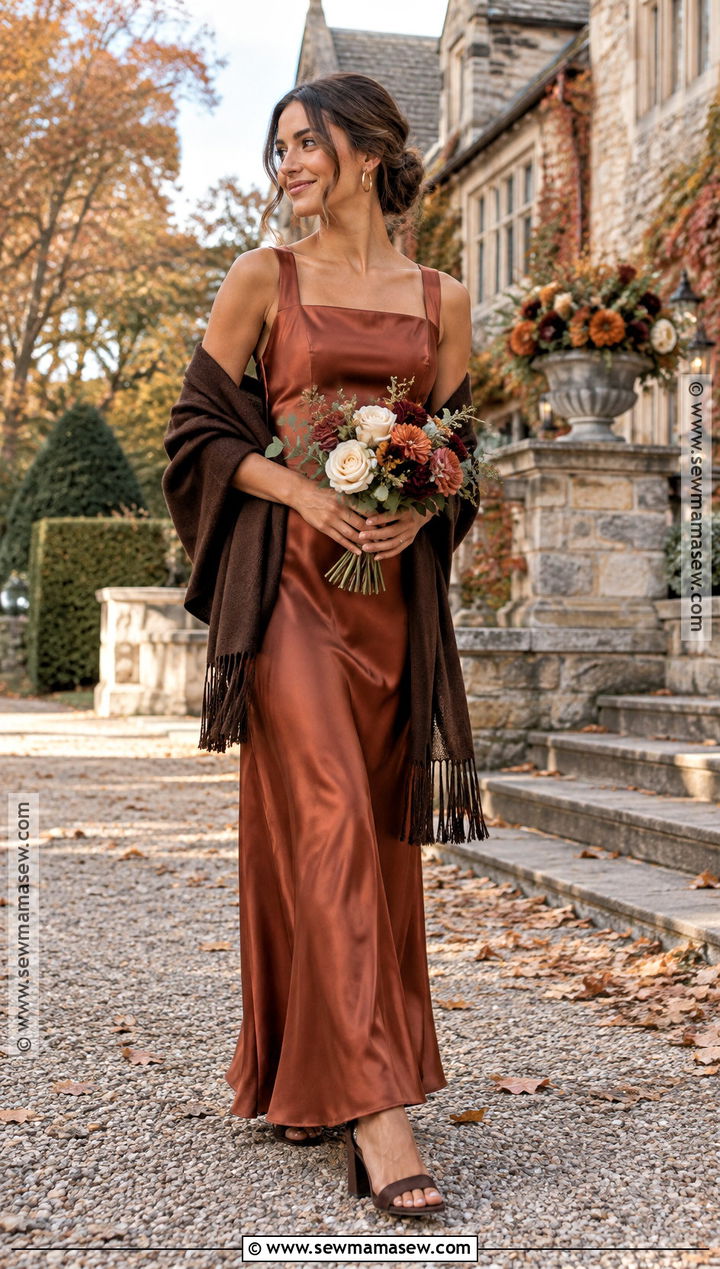 Rust Satin Bridesmaid Dress With Chocolate Heels - 15 Moody Fall Bridesmaid Dresses