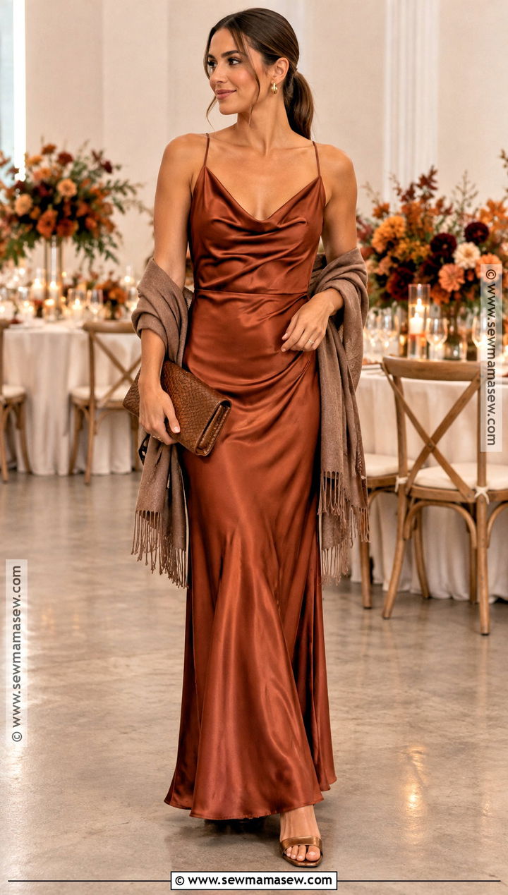 Rust Satin Cowl Neck Bridesmaid Dress - 15 fall wedding dress bridesmaid ideas