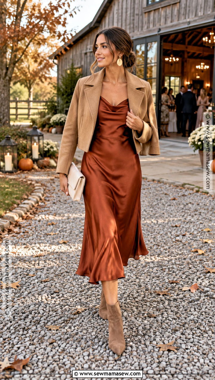 Rust Satin Dress With Beige Booties - 15 Fall Wedding Guest Dress With Booties Ideas