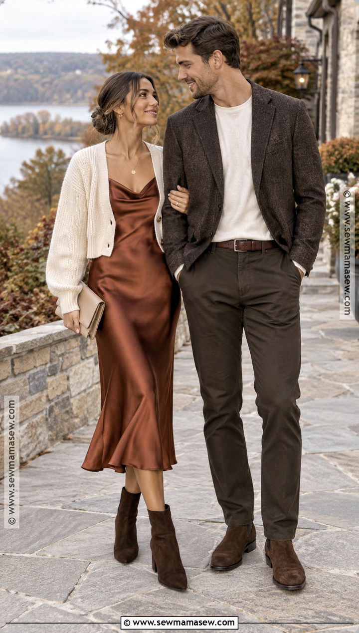 Rust Satin Engagement Photo Dress With Cardigan - 15 engagement photos dress fall ideas