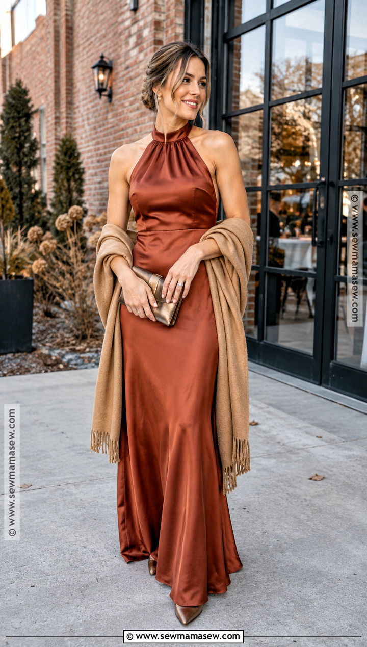 Rust Satin Halter Bridesmaid Dress - 20 november wedding bridesmaid dress ideas