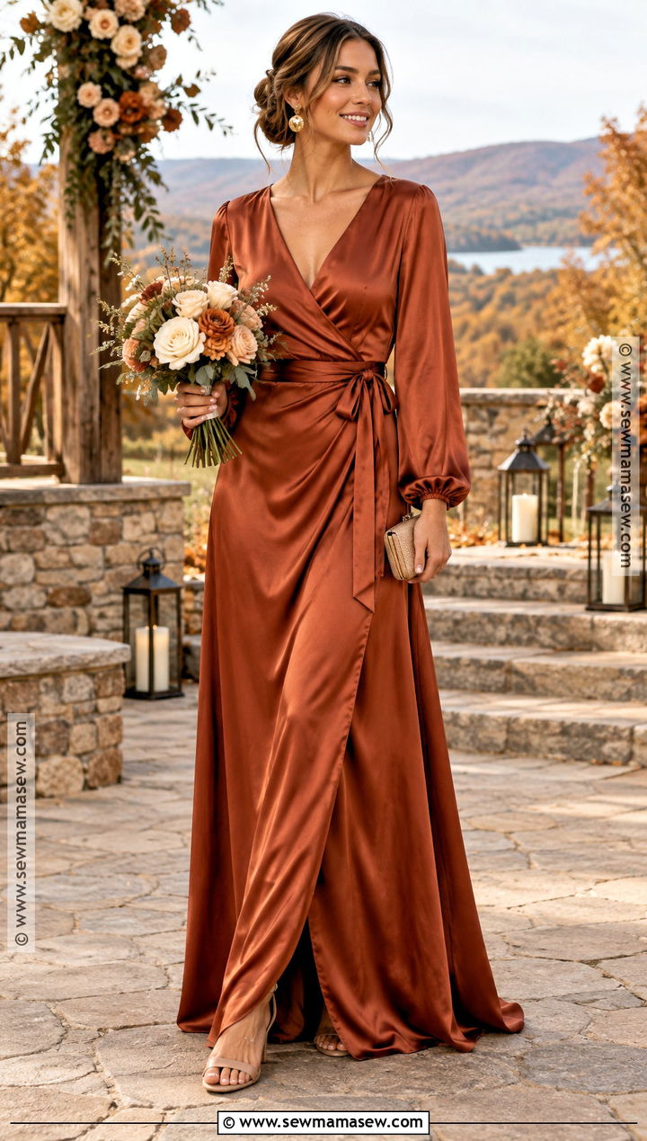 Rust Satin Long Sleeve Wrap Bridesmaid Dress - 15 Fall Bridesmaid Dresses With Sleeves