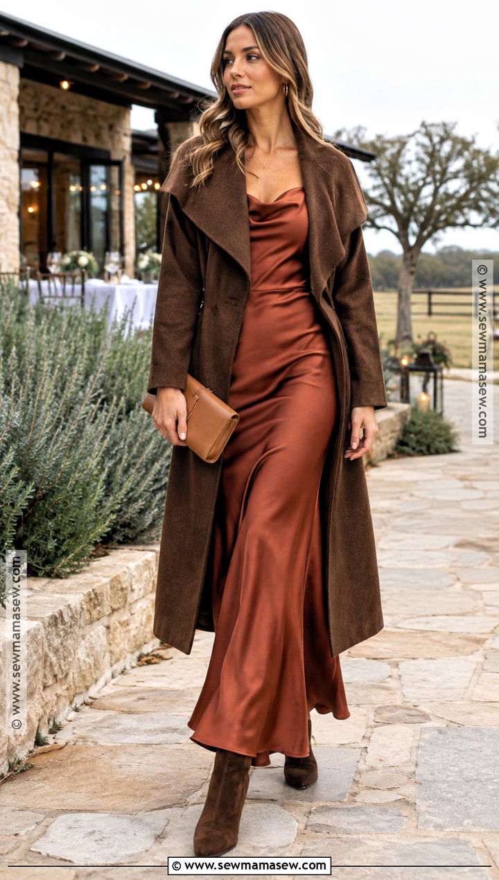 Rust Satin Maxi Dress Country Wedding Guest Outfit - 15 country fall wedding outfit guest ideas