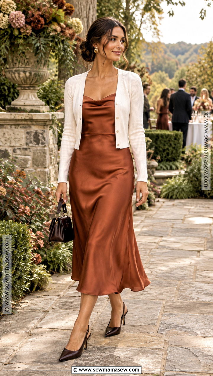 Rust Satin Midi Dress And Cardigan Outfit - 15 fall daytime wedding guest outfit ideas