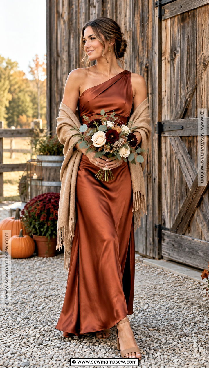 Rust Satin Rustic Fall Bridesmaid Dress - 15 rustic fall wedding ideas autumn october bridesmaid dresses
