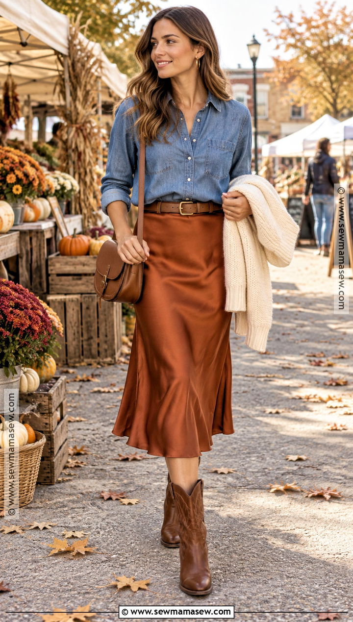 Rust Satin Skirt With Denim Shirt And Western Boots - 25 satin skirt outfit fall ideas