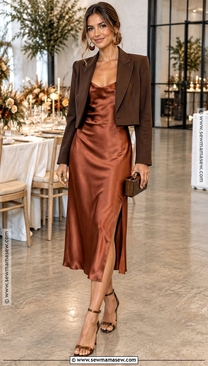 Rust Satin Slip Dress Fall Wedding Guest Outfit - 15 outfits for fall wedding guest