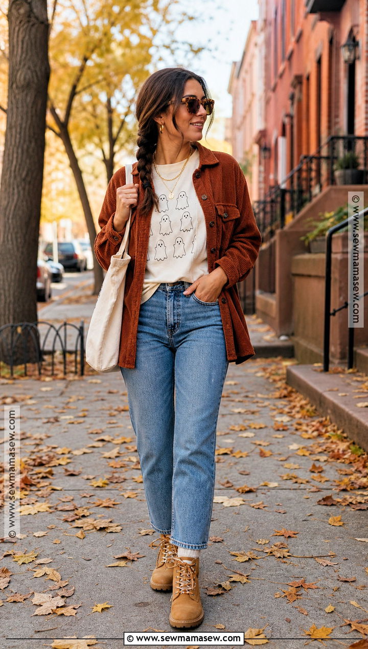 Rust Shacket And Halloween Tee Outfit - 35 casual halloween outfits