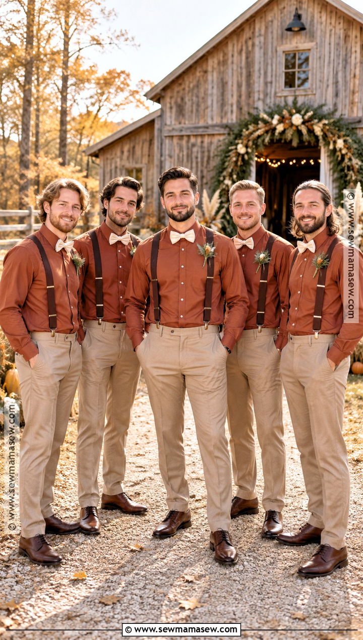 Rust Shirt With Dark Brown Suspenders - 15 fall wedding groomsmen attire suspenders ideas